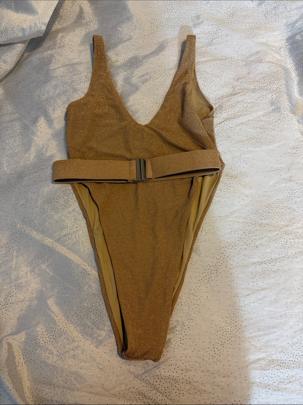 Miss circle New York  One-Piece Shimmery Tan Swimsuit with Belt size S for women
